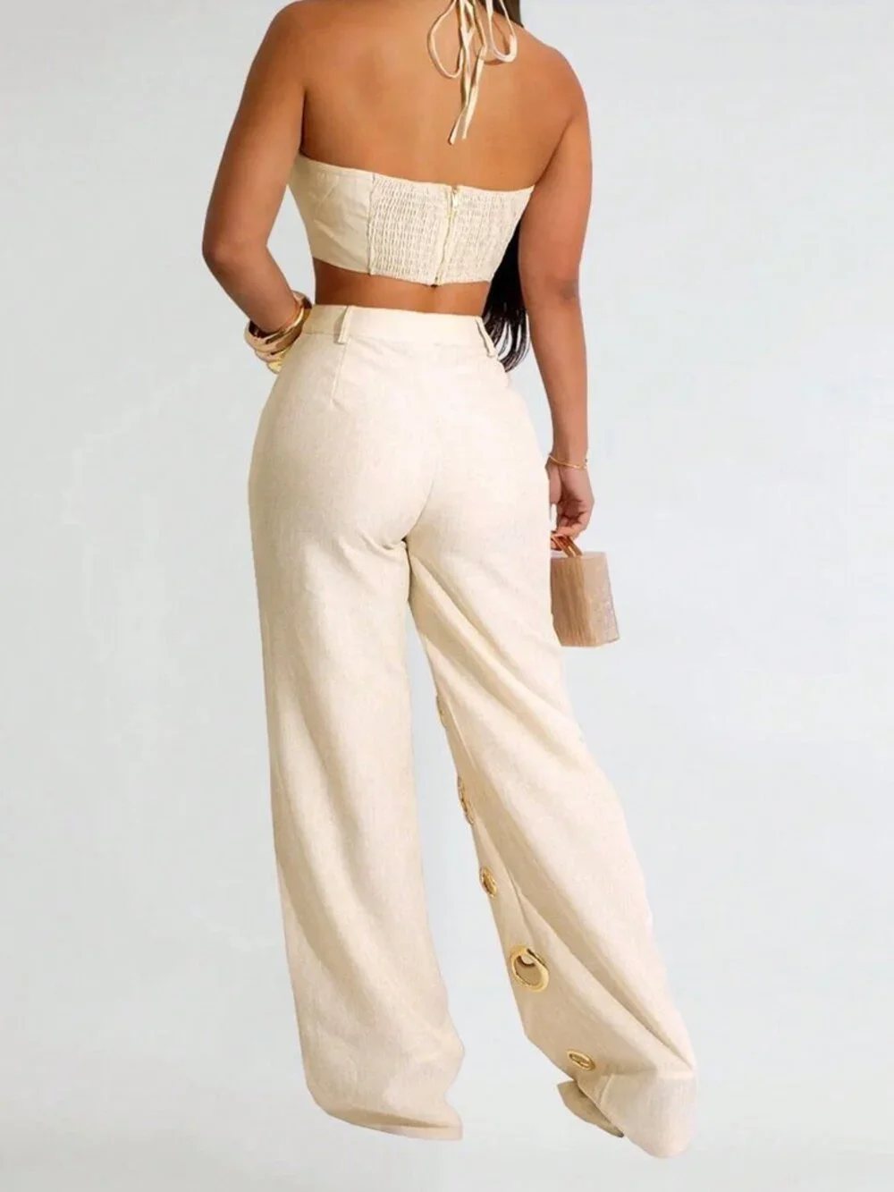 Apricot Sexy Women's halter‑neck tank top & high‑waist long pants Two Pieces Set - Picture 2 of 7